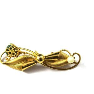 Vintage Gold-Tone Bow Brooch With Green Stone & Pearl Accent